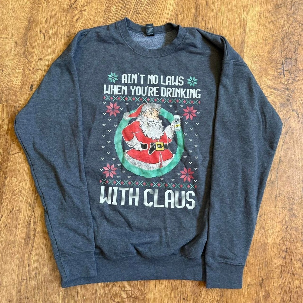 Tultex Grey Drinking With Claus Christmas Sweatshirt Small Ugly Holiday Pullover